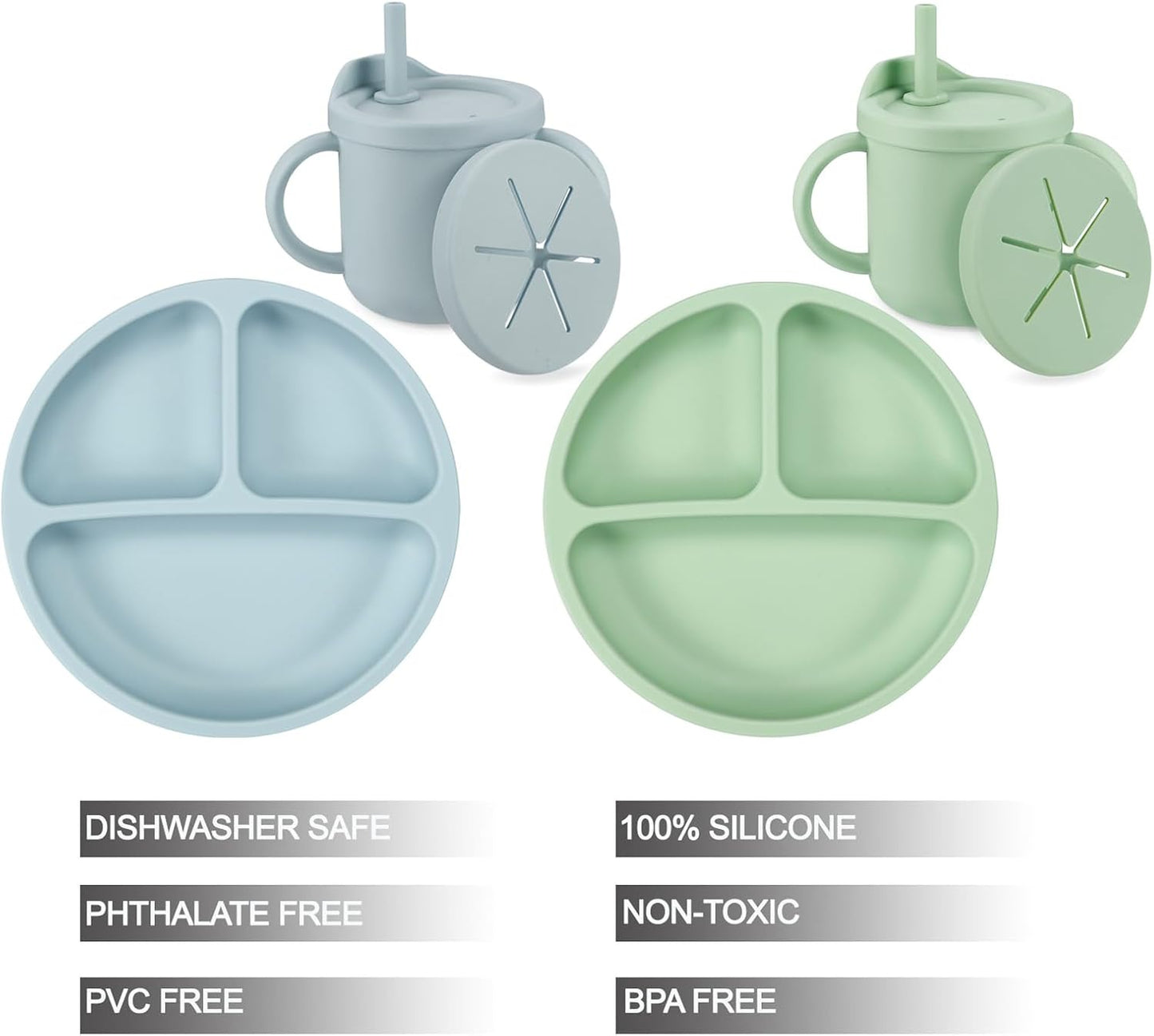 PandaEar Silicone Baby Feeding Set| 2 Pack Silicone Divided Suction Plate and 2 Pack Tiny Cup with 2 Spoons 2 Forks| Baby Led Weaning Supplies Self Feeding Eating Utensils (Light Blue/Light Green)