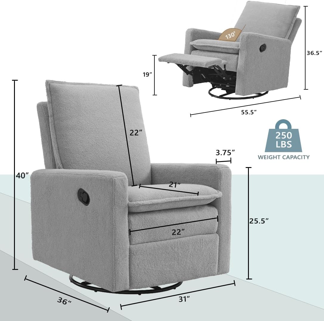 Oxford Baby Uptown Upholstered Glider Recliner Rocking Chair 360° Swivel for Nursery and Living Room - Boucle White
