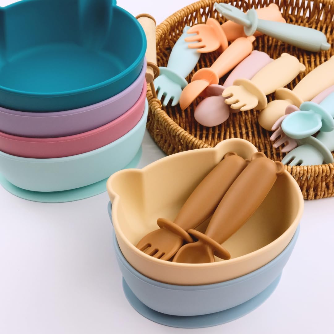 Silicone Bear Shaped Baby Bowl with Suction, Spoon & Fork for Babies 6+ Months, Infant Feeding BLW Baby Essentials Must Haves, BPA Free, Dishwasher Safe (Very Bear)