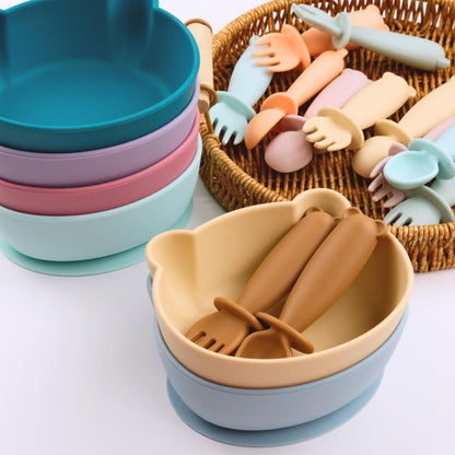 Silicone Bear Shaped Baby Bowl with Suction, Spoon & Fork for Babies 6+ Months, Infant Feeding BLW Baby Essentials Must Haves, BPA Free, Dishwasher Safe (Very Bear)