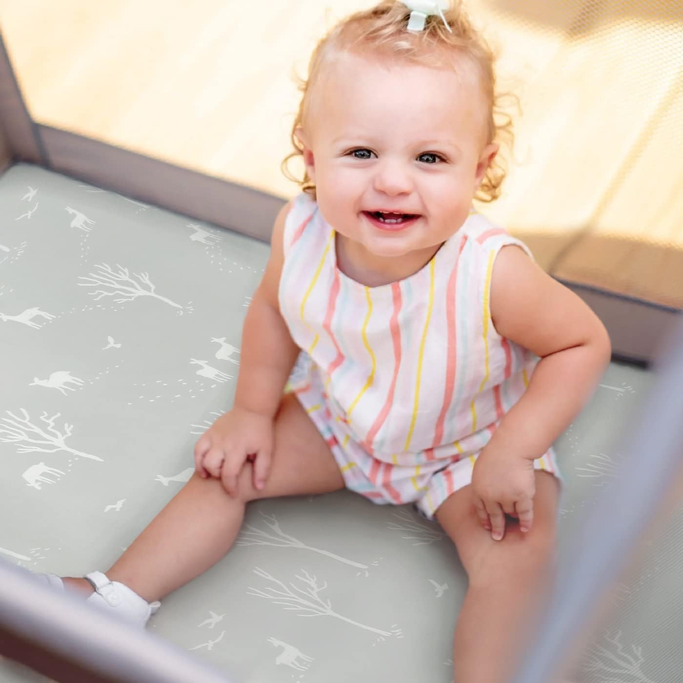 GRSSDER Stretch Ultra Soft Jersey Knit Fitted Pack n Play Playard Sheets Set 2 Pack，Fits Portable/Mini Cribs Sheets, Playards Mattress Pads, Stylish Watercolor Animals for Baby, Mint Green