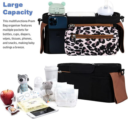 Baby Stroller Organizer, Universal Stroller Organizer with Detachable Phone Bag, Stroller Caddy with 2 Insulated Cup Holders, Buggy Organizer Bag with 2 Hooks Fits Most Strollers (Balck)