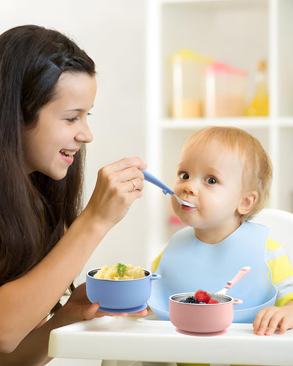 Bakpoco Toddler Bowls with suction & Utensils Set, 2-in-1 Stainless Steel 304 Kids Feeding Bowl & Silicone Suction Baby Bowl with Spoons and Forks, First Self-feeding Training Set, Organic Bloom