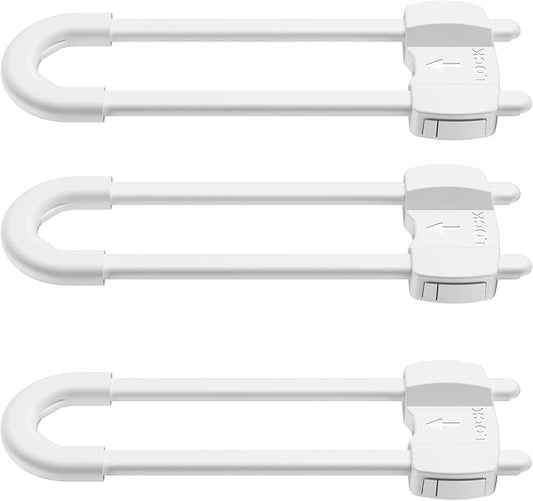 LRANFOW 3 Pack U-Shaped Baby Proof Cabinet Locks No Drilling Required, Adjustable Child Safety Latches for Cabinets Drawers Kitchen Doors, White