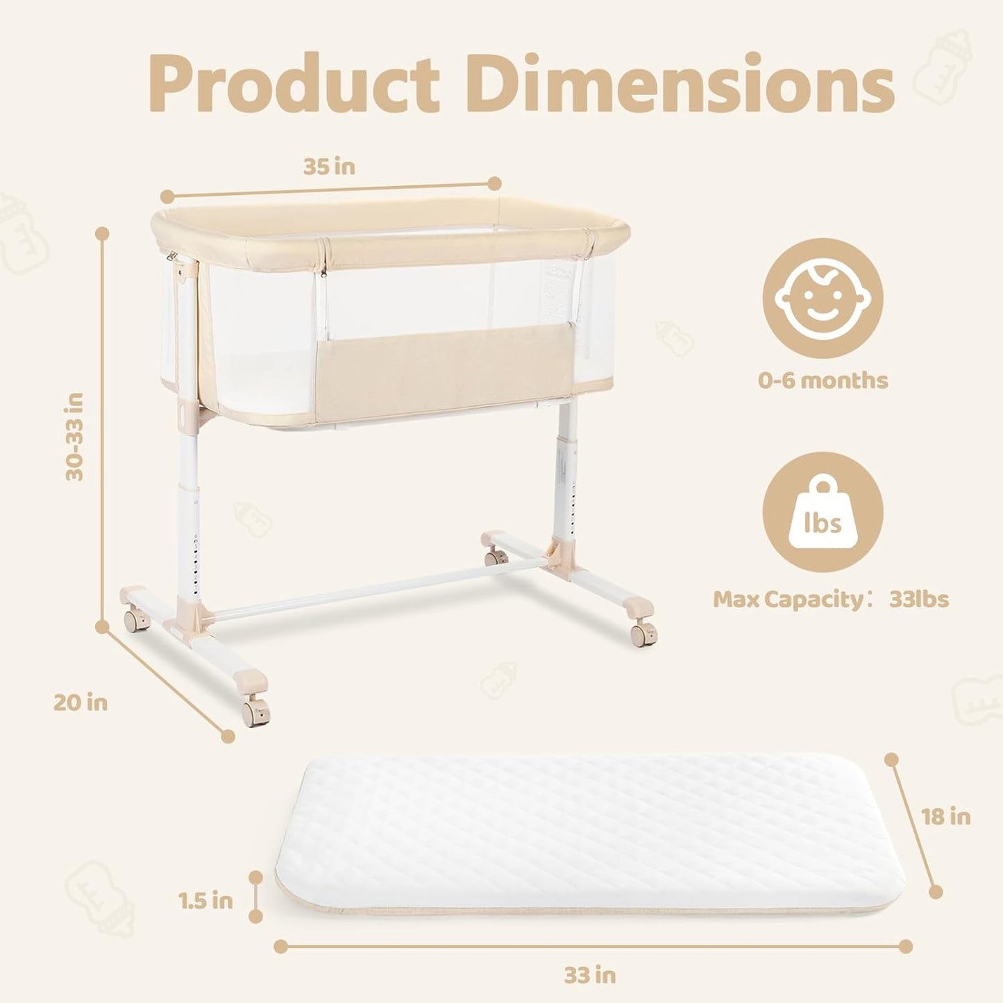 Kinder King Baby Bassinet Bedside Sleeper, Newborn Baby Bedside Crib w/Wheels, All-Sided Mesh, Adjustable Height, Removable Soft Mattress, No Tool to Assemble, Grey