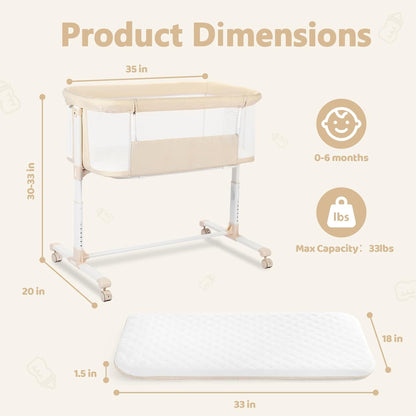 Kinder King Baby Bassinet Bedside Sleeper, Newborn Baby Bedside Crib w/Wheels, All-Sided Mesh, Adjustable Height, Removable Soft Mattress, No Tool to Assemble, Grey