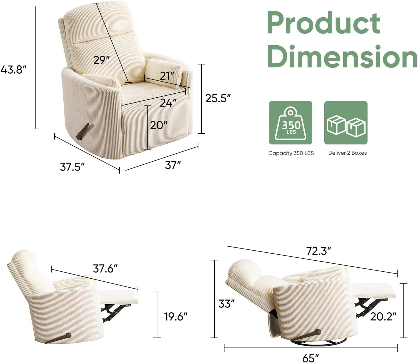 Oversized Swivel Rocker Recliner Chair with Heat and Massage, Rocking Chair with Adjustable Headrest, Manual Recliner, Glider Recliner with 2 Pillows, Chenille White