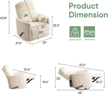 Oversized Swivel Rocker Recliner Chair with Heat and Massage, Rocking Chair with Adjustable Headrest, Manual Recliner, Glider Recliner with 2 Pillows, Chenille White