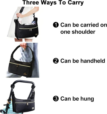 Universal Stroller Organizer Bag, Black Quilted Design with 2 Insulated Bottle Pockets, Multiple Storage Compartments, Tissue Holder, 6 x 4 x 2.5 Inches