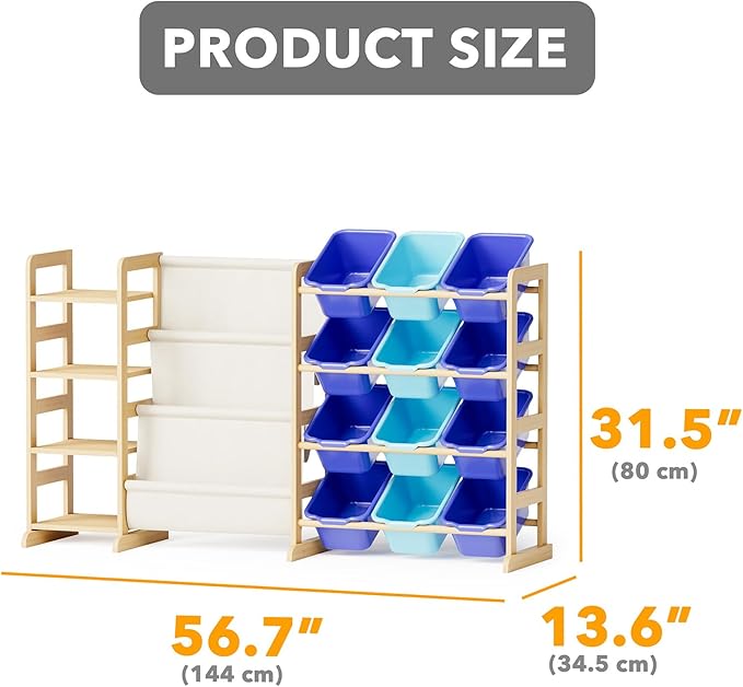 SpaceAid 3-in-1 Toy Storage Organizer with 4 Shelves and 12 Bins, Toy Organizers Storage 3-Tier Bookshelf, Kids Bin Shelf Box Bookcase for Bedroom Playroom Organization Room Decor, Blue and Navy Blue