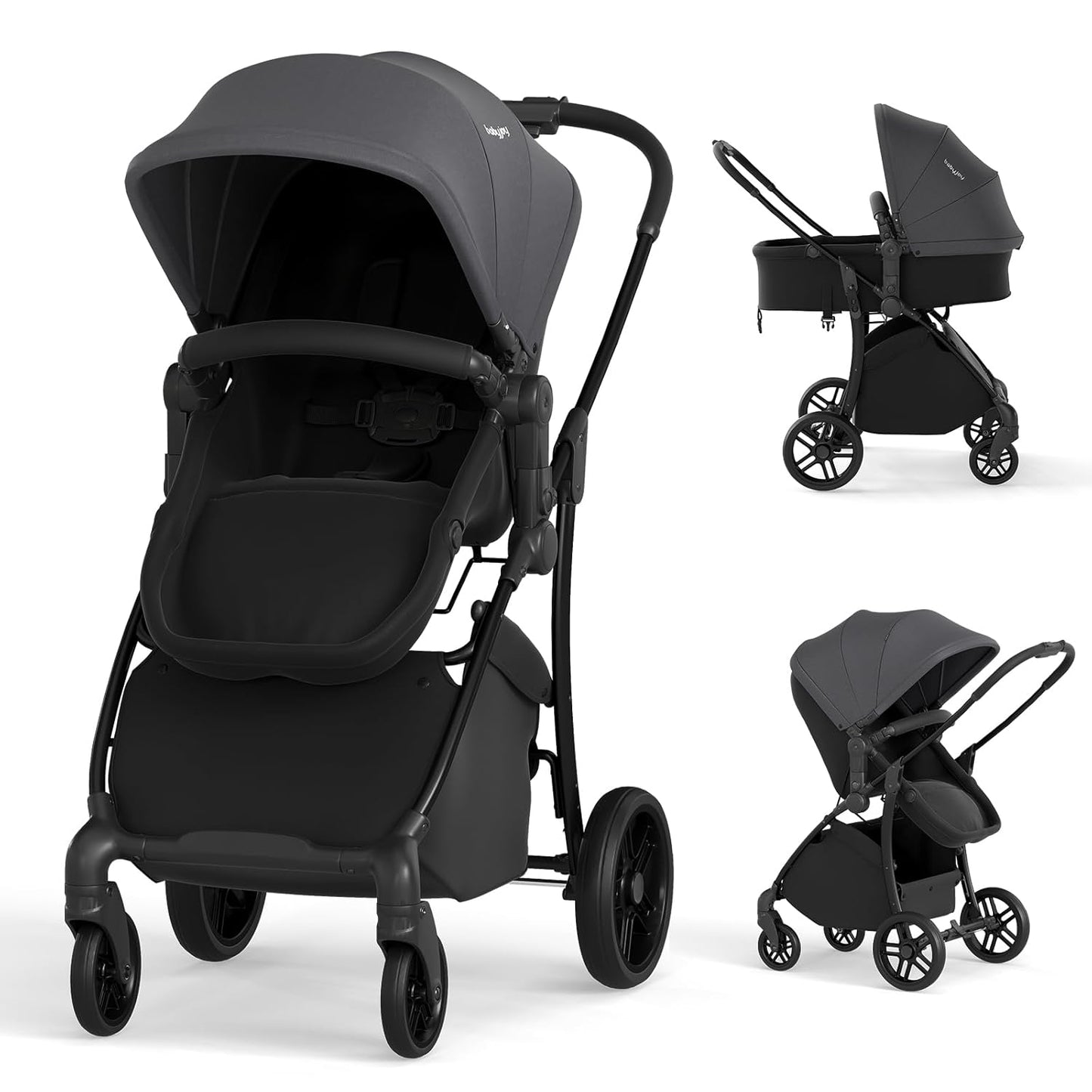 BABY JOY 2 in 1 Baby Stroller, High Landscape Convertible Bassinet Stroller with Reversible Seat, Adjustable Backrest & Canopy, Foldable Pushchair Pram Stroller for Newborn Toddler 0-36 Months (Black)