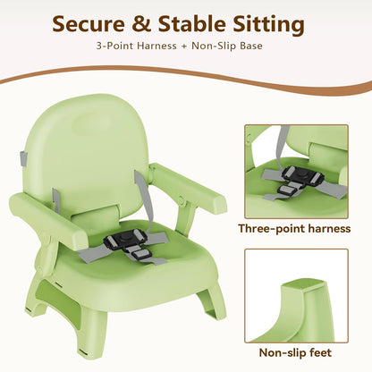 Booster Seat for Kitchen Chair, 3-in-1 Foldable & Portable Booster Seat with Tray, Extra Dishwasher-Safe Tray, Safety Straps for 6–18M (Up to 30 lbs), for Dining Table, Travel & Camping, Gray