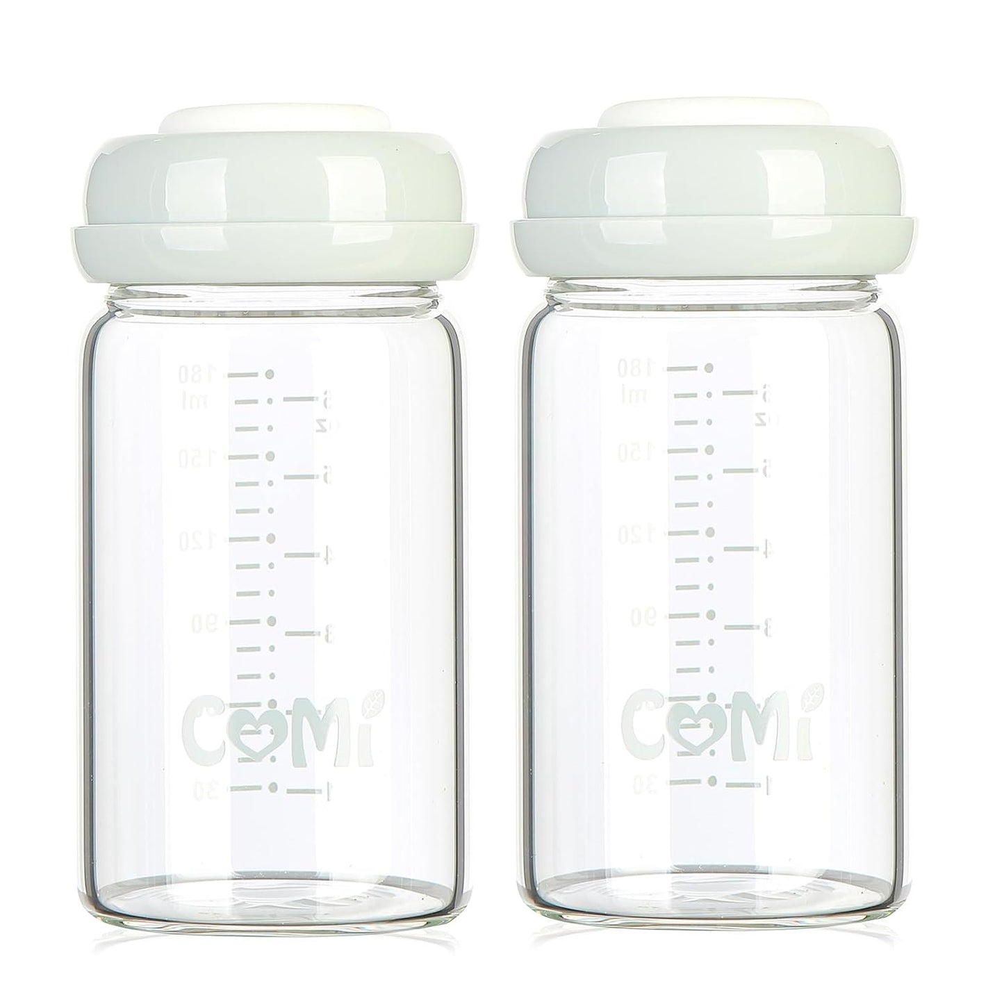 COMI Wide Neck Glass Breastmilk Collection n Storage Bottle, 4 Packs,10oz with Screw Ring Sealing Disk,Re-markable Sealing Disc,BPA Free,Fits Breast Pumps&Nipples(4 Green Lids)