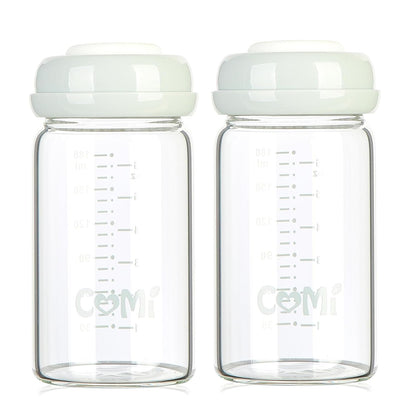 COMI Wide Neck Glass Breastmilk Collection n Storage Bottle, 4 Packs,10oz with Screw Ring Sealing Disk,Re-markable Sealing Disc,BPA Free,Fits Breast Pumps&Nipples(4 Green Lids)