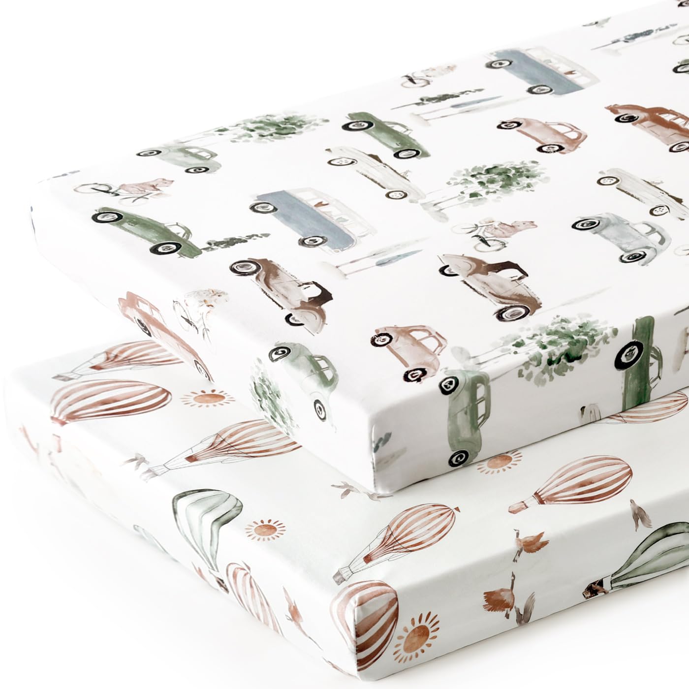 GRSSDER Stretch Ultra Soft Jersey Knit Fitted Pack n Play Playard Sheets Set 2 Pack，Fits Portable/Mini Cribs Sheets, Playards Mattress Pads, Stylish Watercolor Animals for Baby, Mint Green