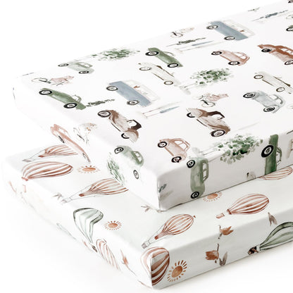 GRSSDER Stretch Ultra Soft Jersey Knit Fitted Pack n Play Playard Sheets Set 2 Pack，Fits Portable/Mini Cribs Sheets, Playards Mattress Pads, Stylish Watercolor Animals for Baby, Mint Green