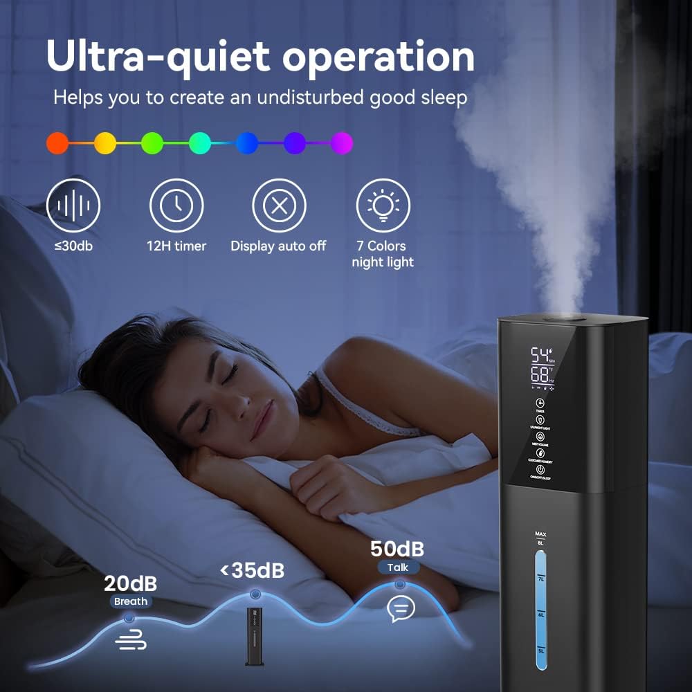 Humidifiers Large Room Bedroom with 7 Colors Light,Honovos 8L 2.1Gal Quiet Ultrasonic Cool Mist Topfill Humidifier with 360° Nozzle 3 Speed Humidistat Essential Oil Tray for Baby Home Plant Yoga Sleep