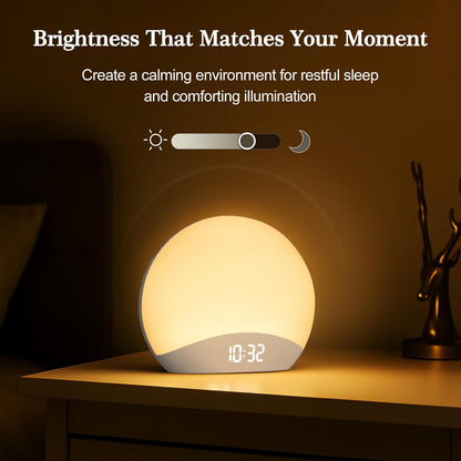 REACHER Wood Grain Sunrise Alarm Clock and Sound Machine Nightlight, Digital Dimmable Clock for Bedroom, 26 Sleep Sounds, White Noise Machine for Baby, Adults, Wake Up Light Alarm Clock for Kids