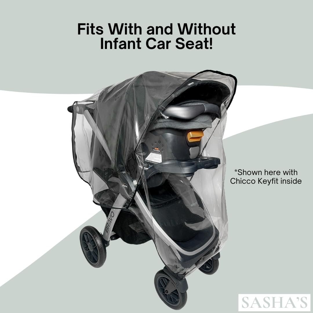 Rain Cover for Chicco Bravo Trio & Primo Travel Systems - SASHA'S Weather Shield - Clear, Ventilation Holes, Maximum Coverage, Made in USA (Stroller & Car seat not Included)