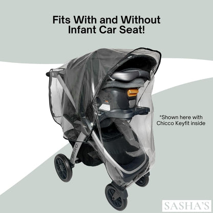 Rain Cover for Chicco Bravo Trio & Primo Travel Systems - SASHA'S Weather Shield - Clear, Ventilation Holes, Maximum Coverage, Made in USA (Stroller & Car seat not Included)