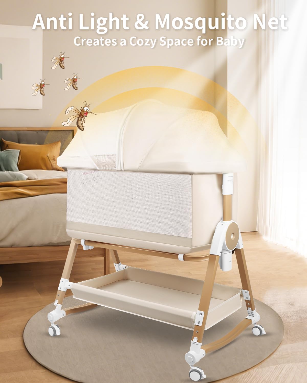 suihuooo 4 in 1 Baby Bassinet, Bassinets Bedside Sleeper with Wheels and Storage Basket, Adjustable 7 Heights Bedside Sleeper with Mosquito Net, Breathable Mesh Rocking Bassinet for Baby