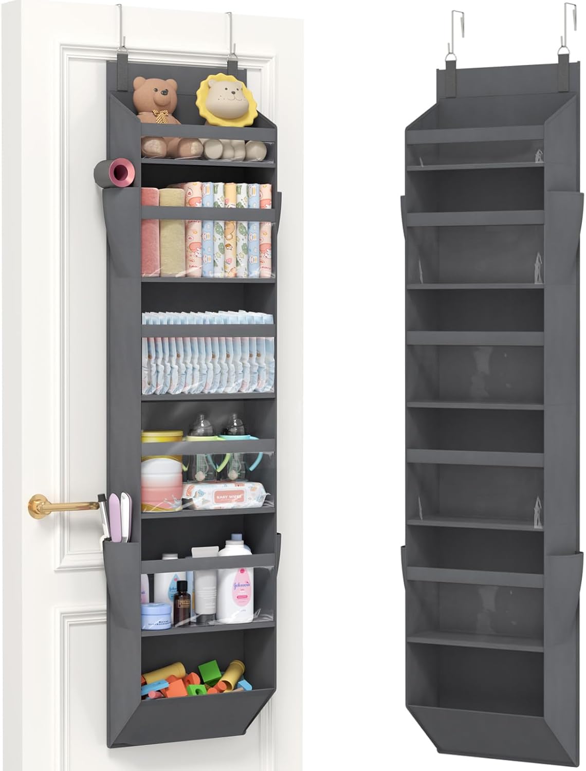 Lifewit 1 Pack Over the Door Organizer, 5 Section Clear Window Hanging Storage with 4 Side Pockets, Sturdy Anti Tilt 40 lbs Load Behind Door for Closet, Bedroom, Bathroom, Nursery, Dorm, Gray