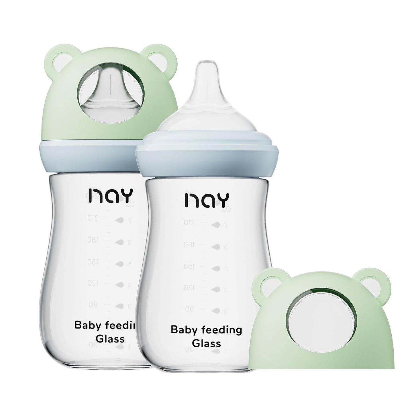 yanyoyo Natural Glass Baby Bottle for Breastfeeding Babies, 5.4oz Anti-Colic Baby Bottle with Natural Response Nipple(S), Clear, Wide Neck, 2 Pack, 1 Months+