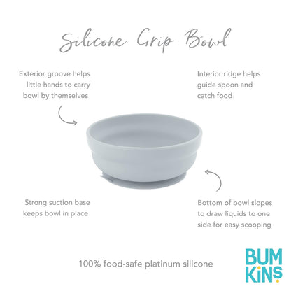 Bumkins Baby Bowl, Silicone Suction, for Babies, Toddlers and Kids, Baby Led Weaning, Feeding Essentials, Platinum Silicone, Non Skid Sticky Bottom, Supplies for Children Ages 6 Months Up, Gray