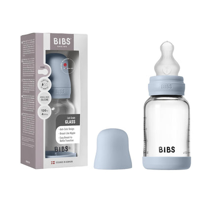 BIBS Baby Glass Bottle. 4 US fl oz / 120 ml. Anti-Colic. Vented Round Silicone Nipple. Supports Natural Breastfeeding, Slow Flow, Complete Set - Sage