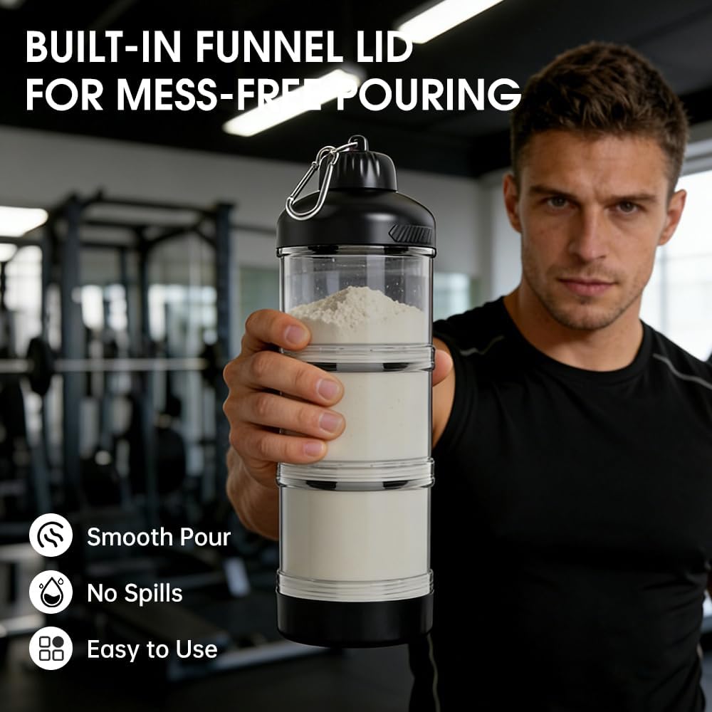 BYLWORKOUT 3-Layer Protein Powder Travel Container with Funnel and Keychain | Portable Food Storage Organizer for Gym, Fitness, Kitchen, Camping, Hiking, and Travel (Ink Blue)