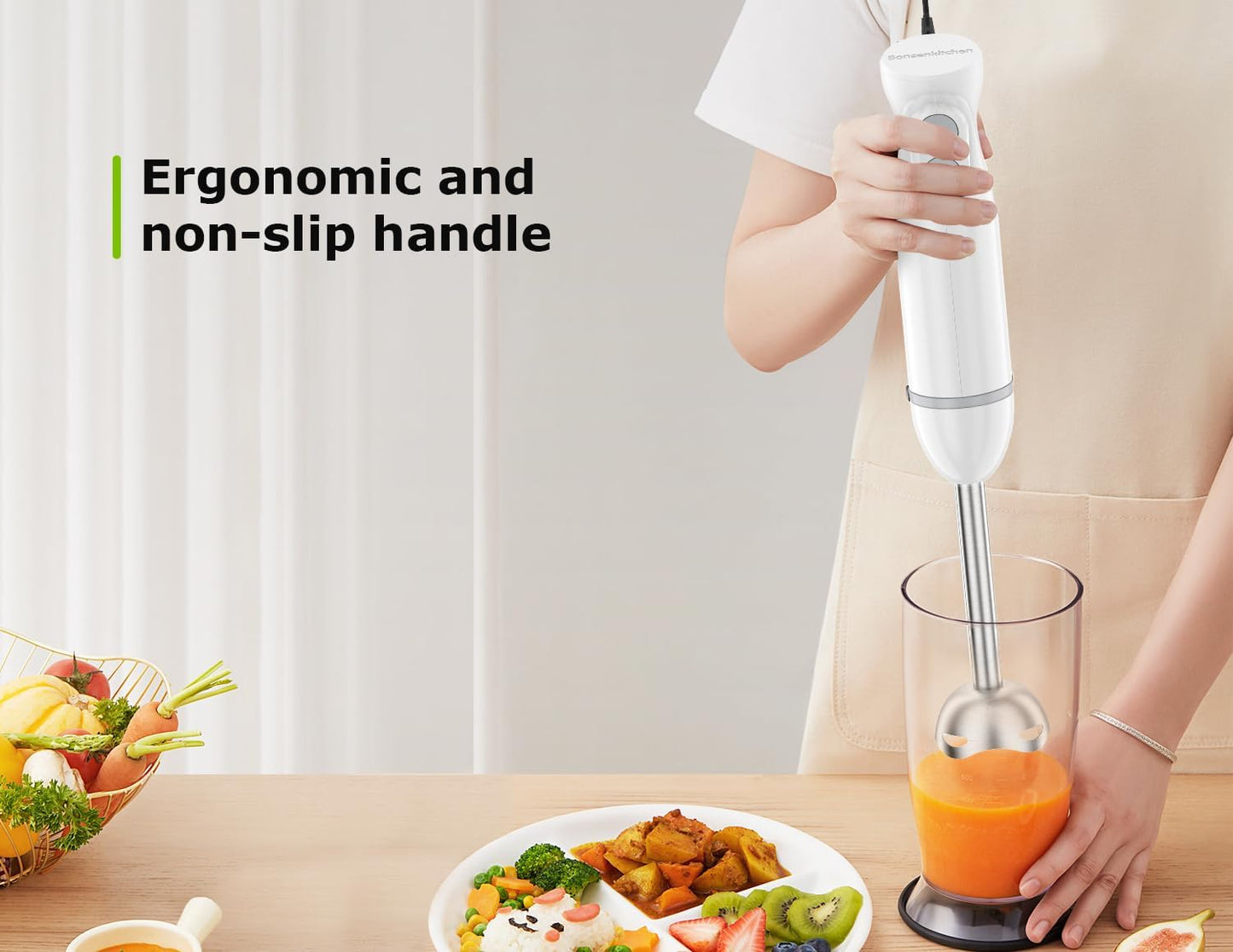 Bonsenkitchen Hand Blender, Immersion Blender with 2 Mixing Speed, Electric Handheld Mixer Portable Stick Mixer with Stainless Steel Blades for Soup, Smoothie, Puree, Baby Food