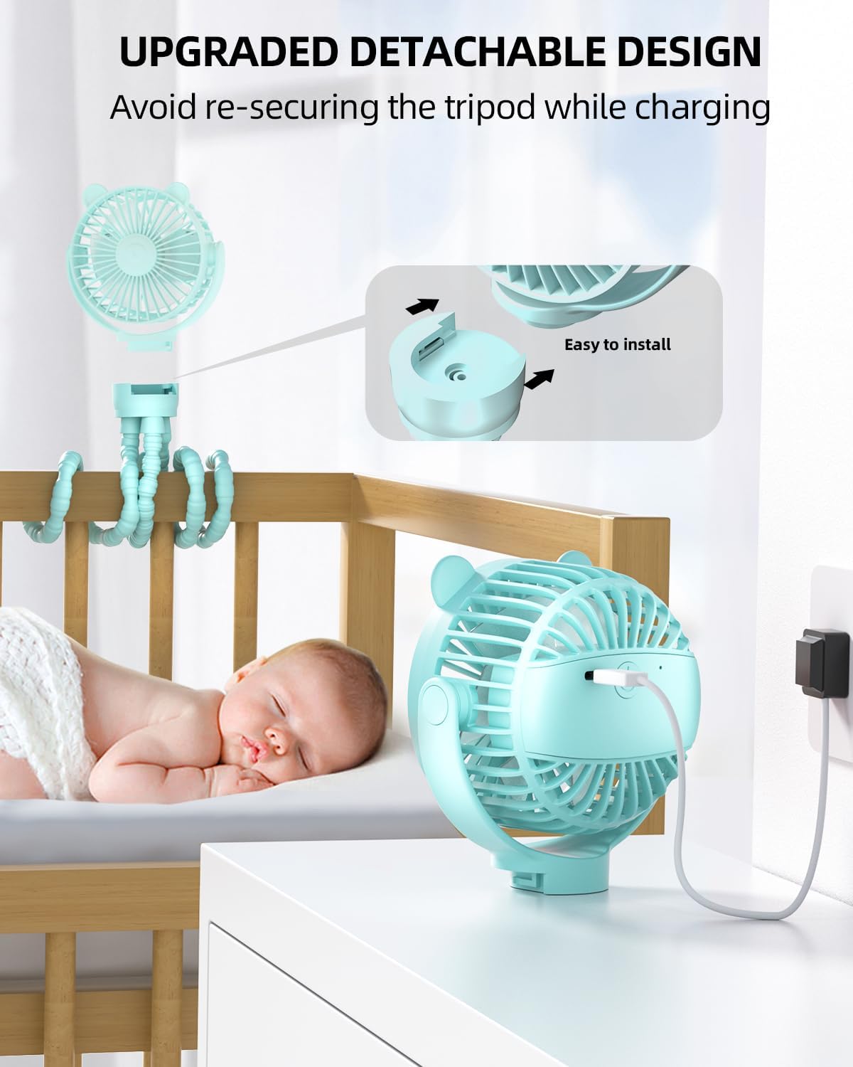 Portable Stroller Mini Fan, Small Rechargeable Personal Fan, Baby Travel Essentials for Wagon, Car Seat, Treadmill, Battery Powered Biking Gear Accessories, 360° Rotation, 3-Speed, Display, Black