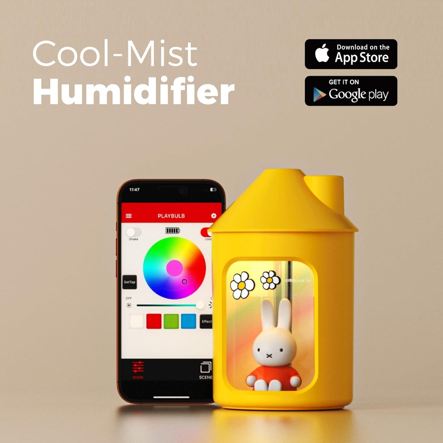 Mipow X Miffy Double Spray Humidifier 2.0 Smart App-Control RGB LED, Mini Cute Humidifier with Night Light, 500ml for Bedroom, Nursery/Office - Blue
