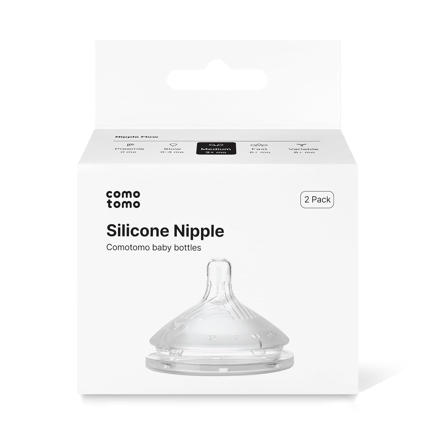 Comotomo Silicone Replacement Nipples for Baby Bottle Gen 2 (2026 Release) - Soft, Silicone Nipples with Dual Anti-Colic Vents Designed for Natural Latch (Pack of 2), Fast Flow (6+ Months)