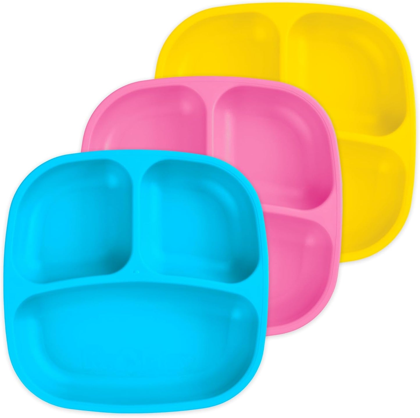 Re-Play Toddler Plates with Dividers - Deep-Walled 3 Compartments Divided Plates for Kids - Dishwasher & Microwave Safe - Made in USA - Set of 3-7.37" x 7.37" x 1.25" - Beach Baby