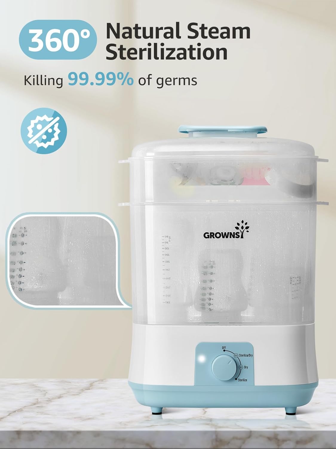 Grownsy Adjustable 4 in 1 Large Bottle Sterilizer and Dryer, 8 Bottles Capacity,Electric Steam Baby Bottle Sterilizer, Sanitizer for Baby Bottles & Pacifiers, Breast Pump Parts