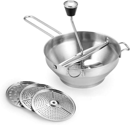 Rotary Food Mill Potato Ricer with 3 Interchangeable Disks, Great for Making Puree or Soups of Vegetables, Baby Foods, Stainless Steel 2 Quart Kitchen Mills, Easy Clean and Assemble, Manual Operati