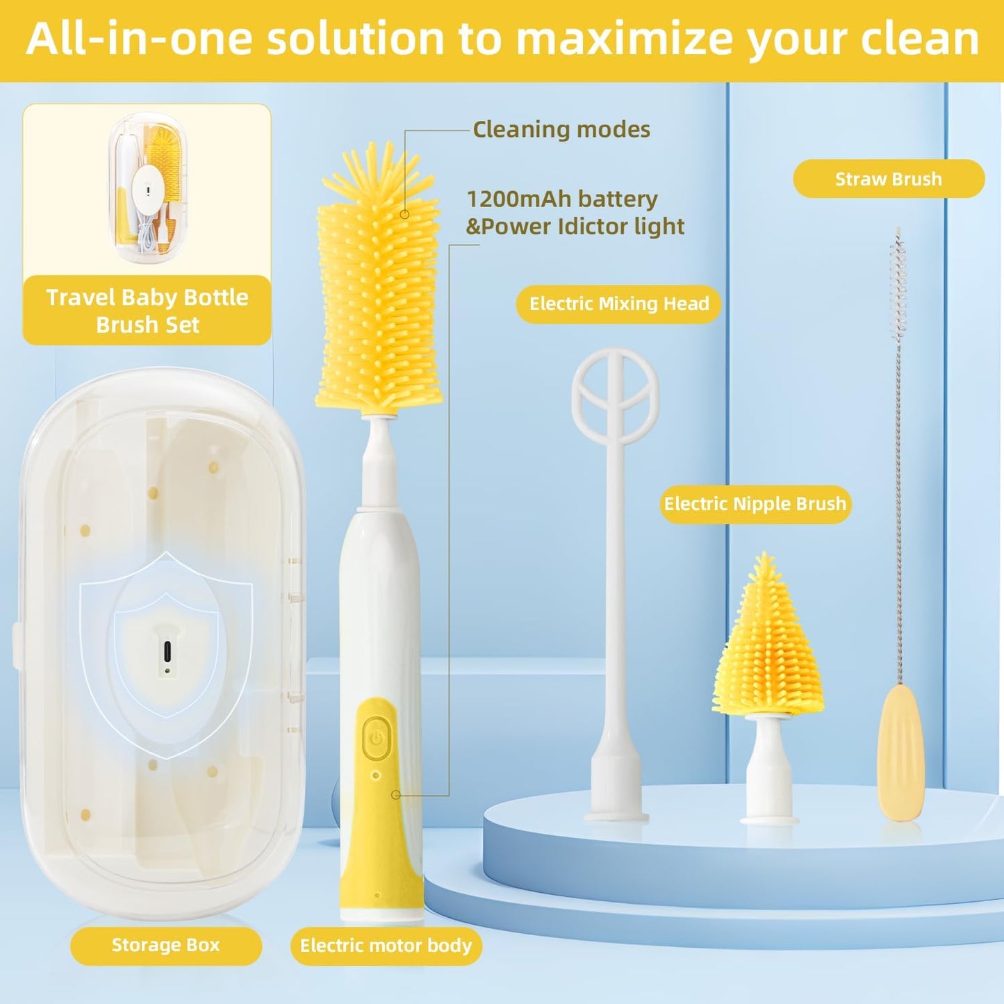 Electric Bottle Brush,Electric Baby Bottle Brush Set with Silicone Bottle/Pacifier/Straw Brush and Mixing Head, Water Bottle Cleaner Brush with Drying Rack, 2 Modes & 360° Rotation (Green)