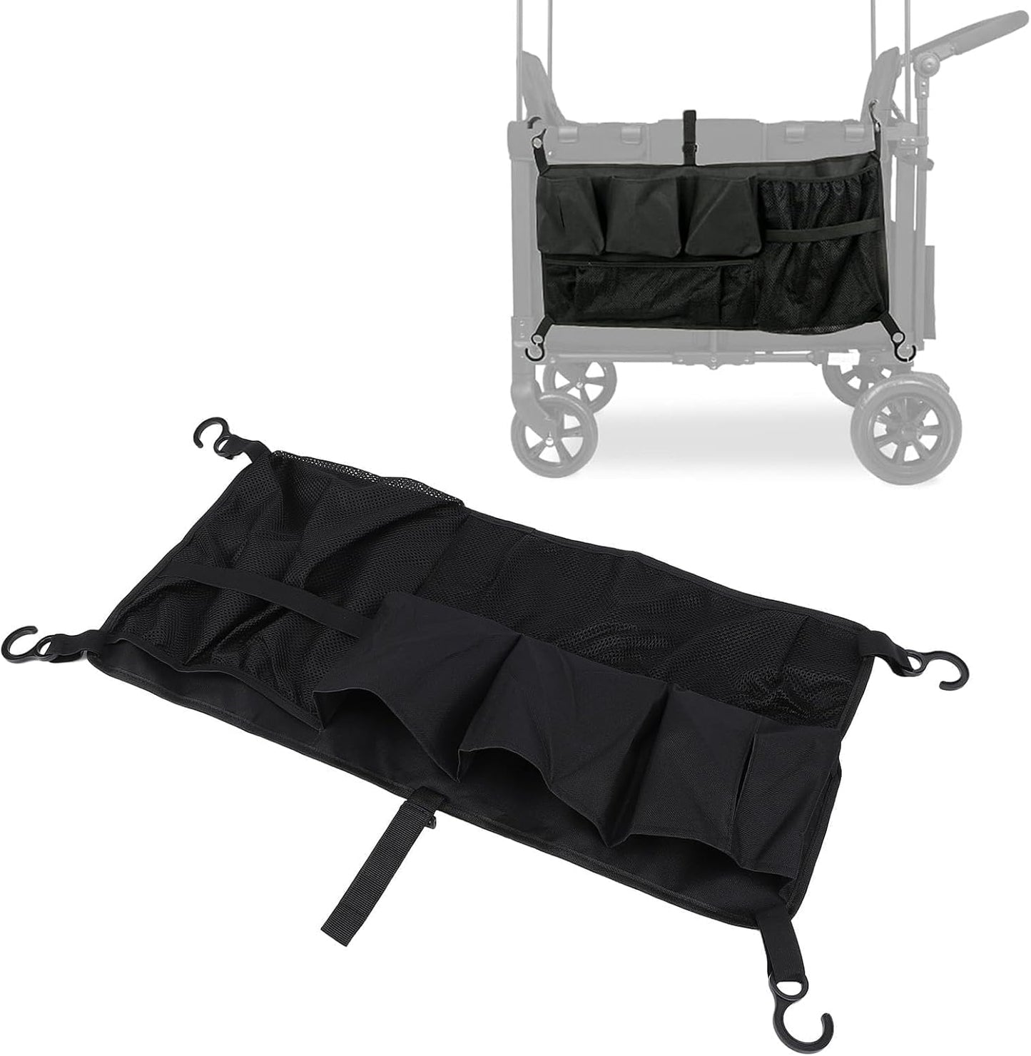 Folding Wagon Side Pocket, Oxford Cloth Stroller Wagon Cargo Net Side Caddy Organizer with Hooks, Hanging Storage Caddy Black
