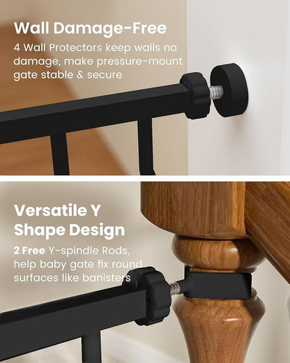 Mom's Choice-GROWNSY Baby Gate for Stairs, 30.5"-48.4" Pressure Mounted Baby Gate for Top of Stair&Doorway with Y-Spindle Rods, Anti-Trip Pedal, Wide Stairs Dog Gate Easy Install w/Red Reminder,Black