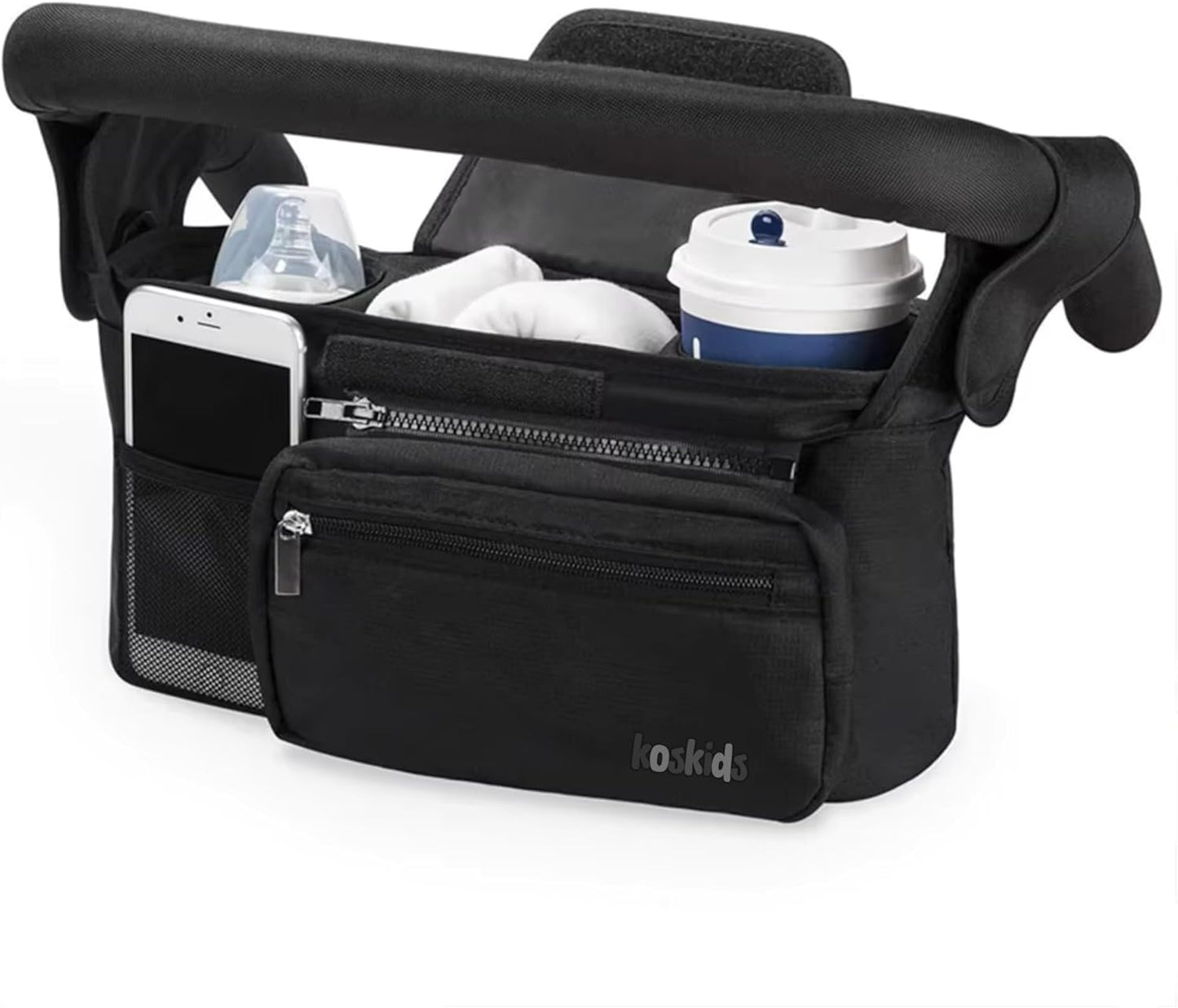 Universal Stroller Organizer with Insulated Cup Holder, Detachable Phone Bag, Shoulder Strap – Fits All Stroller Types, Keeps Drinks Hot/Cold (Pink)