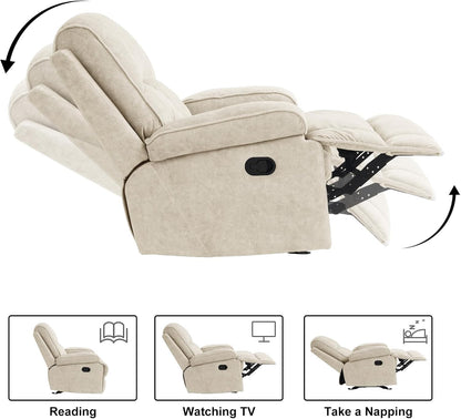 Swivel Rocker Recliner Chair for Adults, High Back Fabric Recliner with Deep Seat, Manual Glider for Living Room & Nursery, Grey