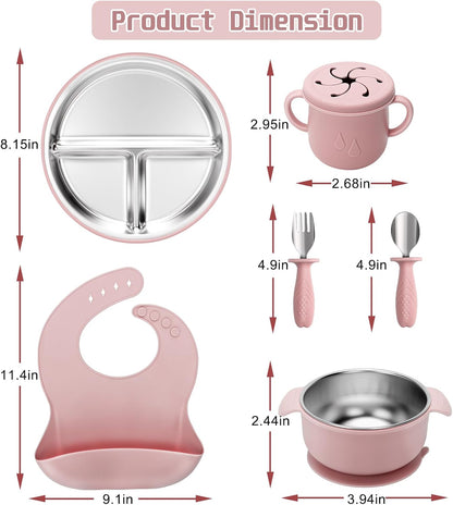 MISSLILI Stainless Steel Kids Plates and Bowls Set with Suction, Divided Baby Plate and Toddler Bowl with Removable Silicone Suction,Stainless Steel Weaning Bundle, Silicone Baby Feeding Set (Pink)