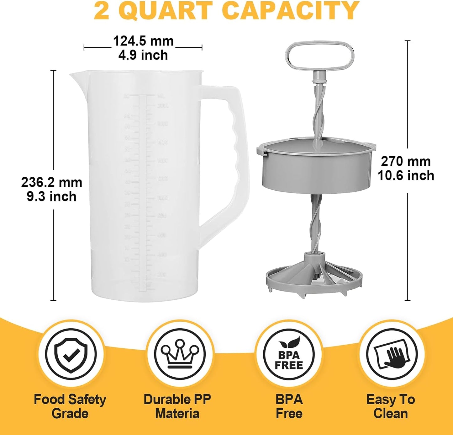 Mixing Pitcher for Drinks, 2 Quart/ 64oz Plastic Water Pitcher with Lid, Angled Plastic Blades and Adjustable Mixer Plunger for Juice, Powdered Milk, Beverage Container (One)