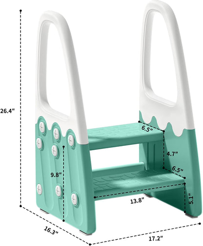 Two Step Stool with Handrails for Toddler and Kids, Standing Learning Stool Tower for Bathroom Sink, Potty Training, Children Step Up Learning Helper with Handles and Safety Non-Slip Pads(Gray)