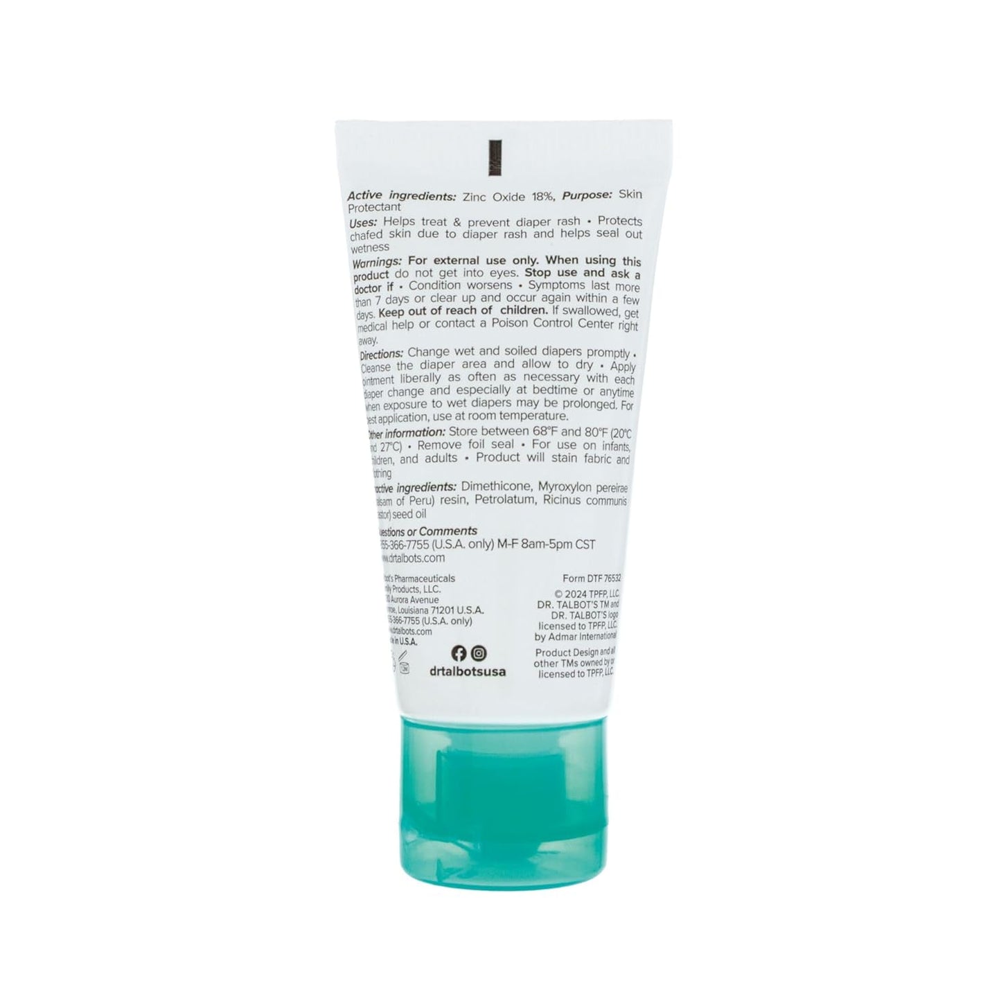 Dr. Talbot's Baby Diaper Rash Ointment - 2 oz - Zinc Oxide Skin Protectant with Peruvian Balsam - Treats and Prevents Rash