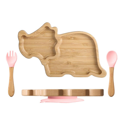 HBM Bamboo Baby Plate Set with Suction - Dinosaur Divided Toddler Dishes with Matching Fork & Spoon | Natural Wood Stay-Put Feeding Set for Infants & Kids (Marble Texture Not Stains)