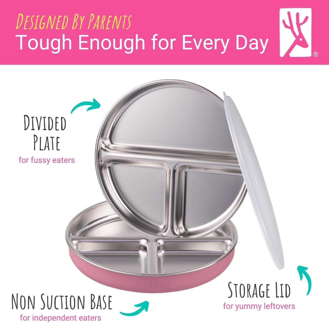 Elk and Friends Stainless Steel Divided Plates with Silicone Sleeve for Babies & Toddlers | Lids Included | Stay Put Suction | Dinner & Snack Plates | 4 Pack
