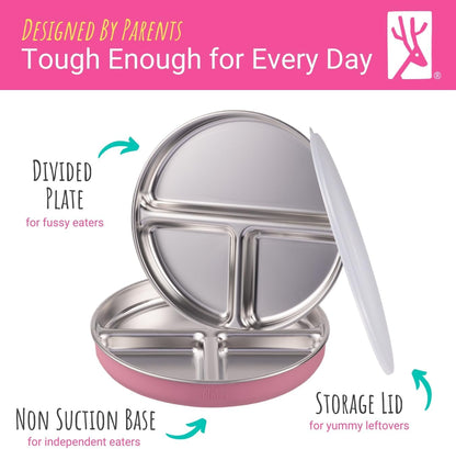 Elk and Friends Stainless Steel Divided Plates with Silicone Sleeve for Babies & Toddlers | Lids Included | Stay Put Suction | Dinner & Snack Plates | 4 Pack