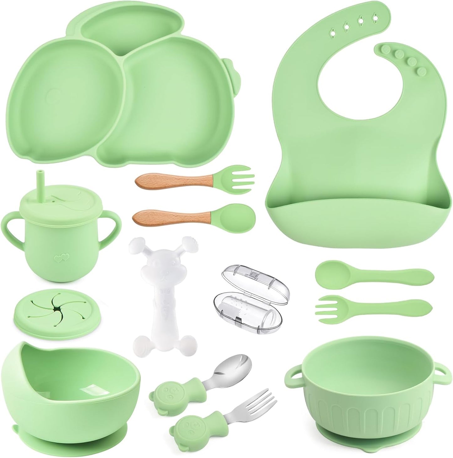 Silicone Baby Feeding Set 15 Pcs，Baby Spoons Suction Bowl Divided Plate Bib Cup Finger Brush Training cups,Baby Led Weaning Supplies,Baby Plates，Toddler Feeding Plates and Bowls Set（purple）